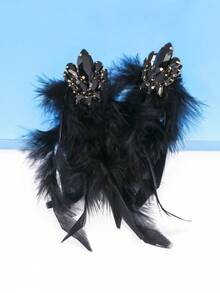 1 Pair Exaggerated Alloy Rhinestone Floral Long Tassel Earrings, Carnival Statement Jewelry - Black - View 3