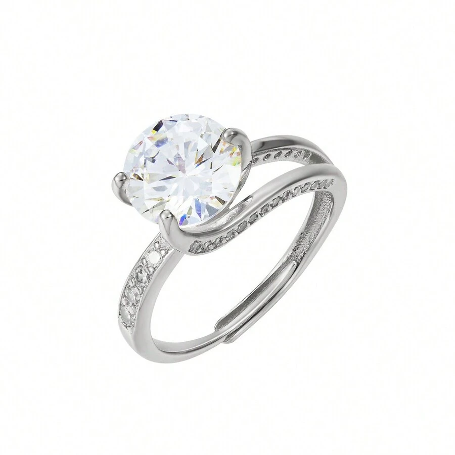 1pc Elegant & Fashionable Open Ring With Iced Out Three Claws Full Rhinestone - Silver - View 1