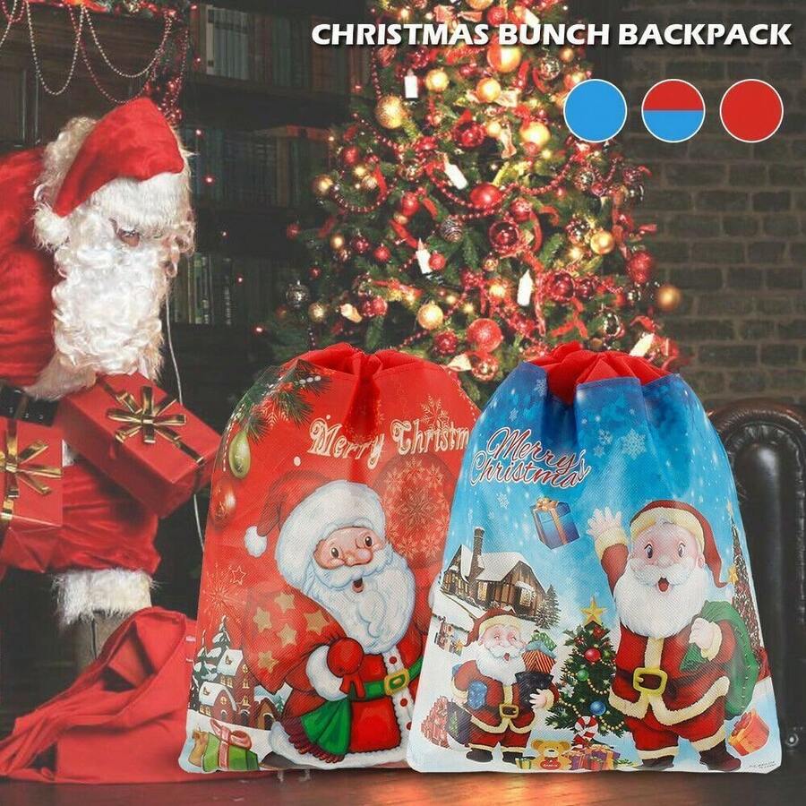 2入組聖誕禮物袋,聖誕老人印花織物拉繩袋,適用於假日派對糖果袋和新年禮物包裝 - 彩色 - 查看 1