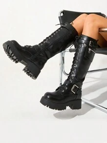Women's Combat Riding Platform Knee High Boots, Lace Up Fall Lug Sole Gothic Motorcycle Boots With Inside Zipper - Black - View 6
