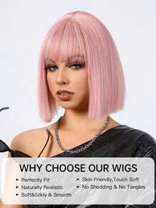 Pink 14 inch Short Straight Synthetic Wig With Bangs - Pink - View 2