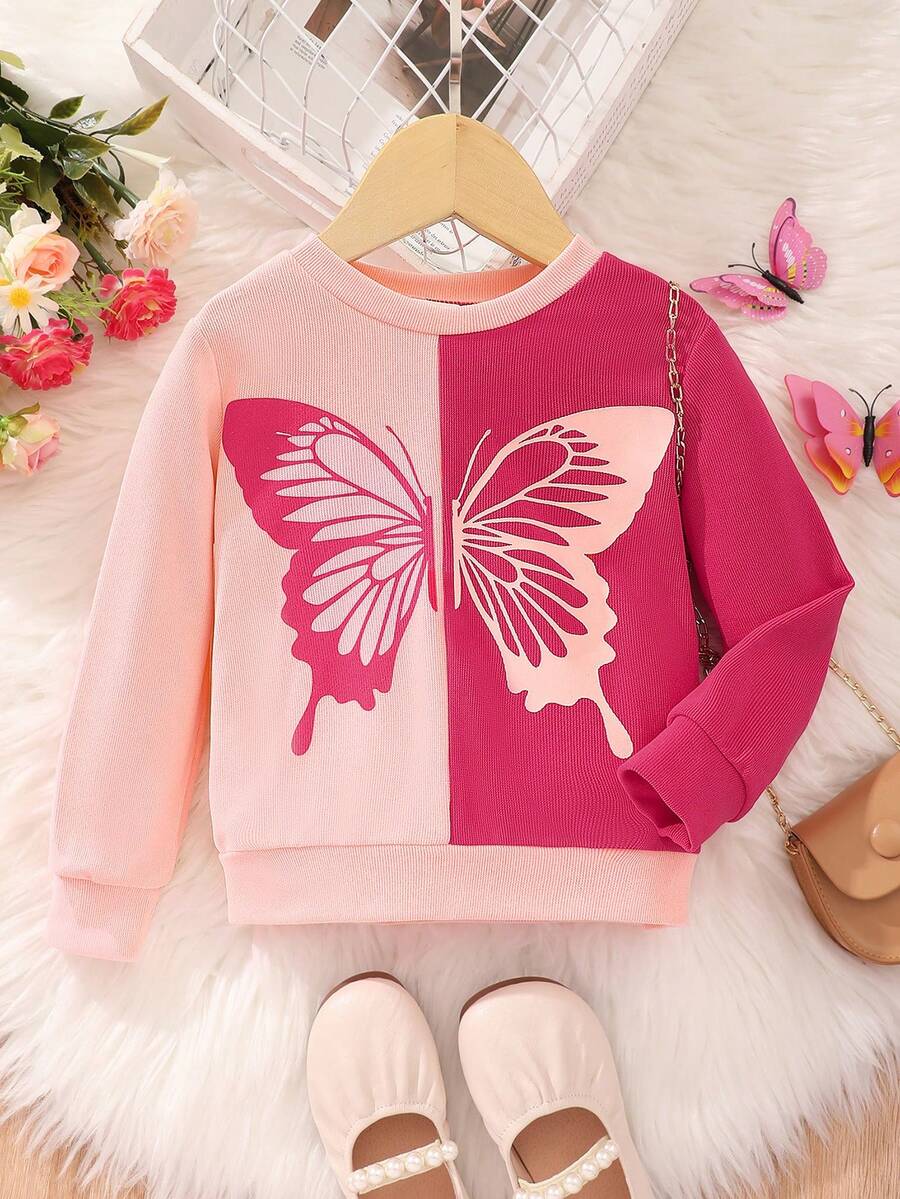 Kids' Long Sleeve Butterfly Print Color Block Casual Comfortable Sweatshirt - Pink - View 1