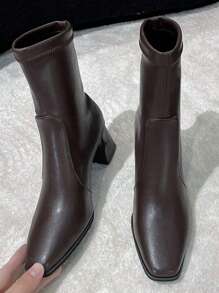 女士法式短靴,秋冬新款,圓頭,加絨,緊身彈性,粗跟,高跟,摩托車靴,2023