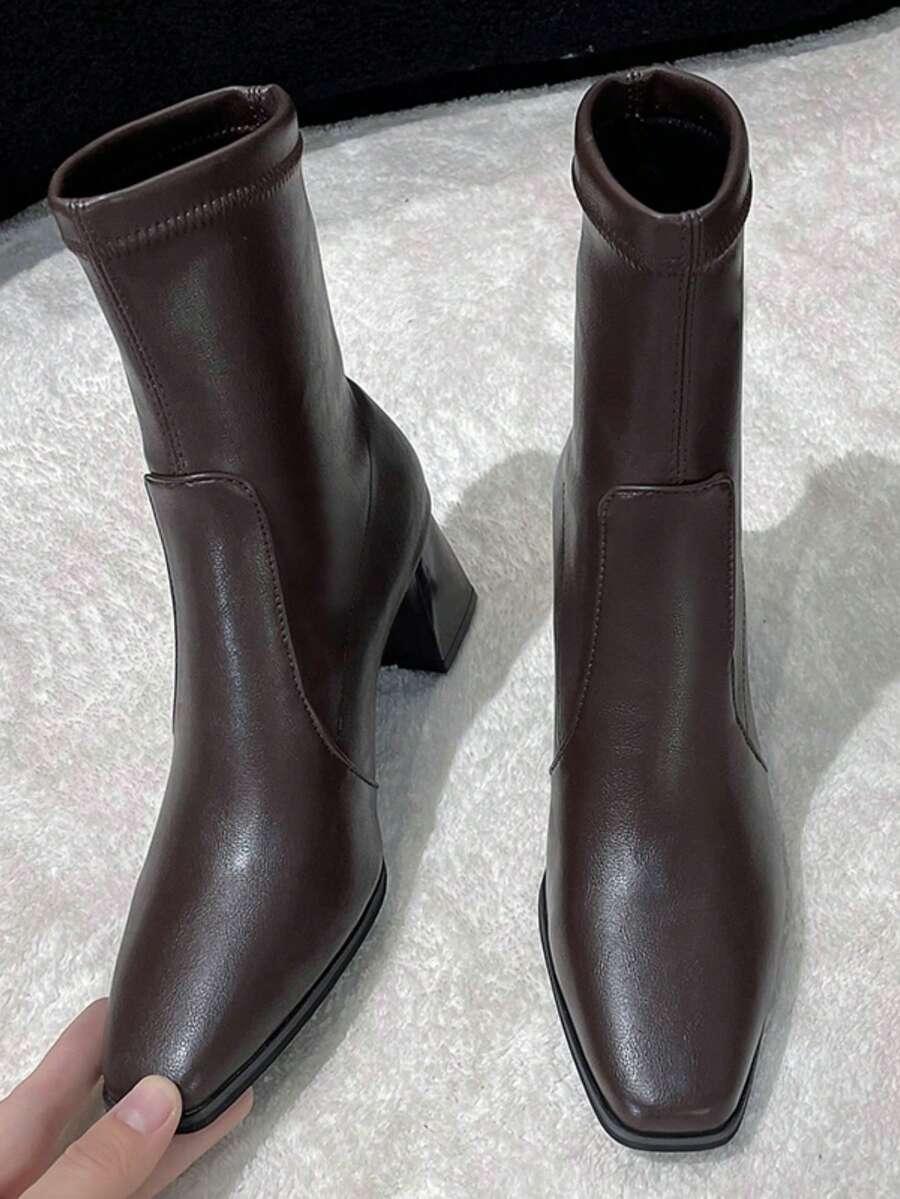 女士法式短靴,秋冬新款,圓頭,加絨,緊身彈性,粗跟,高跟,摩托車靴,2023