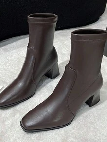 女士法式短靴,秋冬新款,圓頭,加絨,緊身彈性,粗跟,高跟,摩托車靴,2023