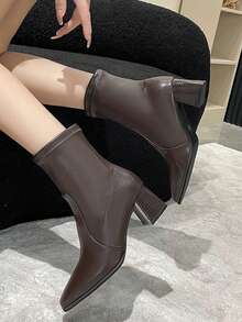 女士法式短靴,秋冬新款,圓頭,加絨,緊身彈性,粗跟,高跟,摩托車靴,2023
