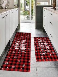 1pc Christmas Happy Red Carpet Water Absorption Non-slip Mat Short Plush Doormat - Red Violet - View 2