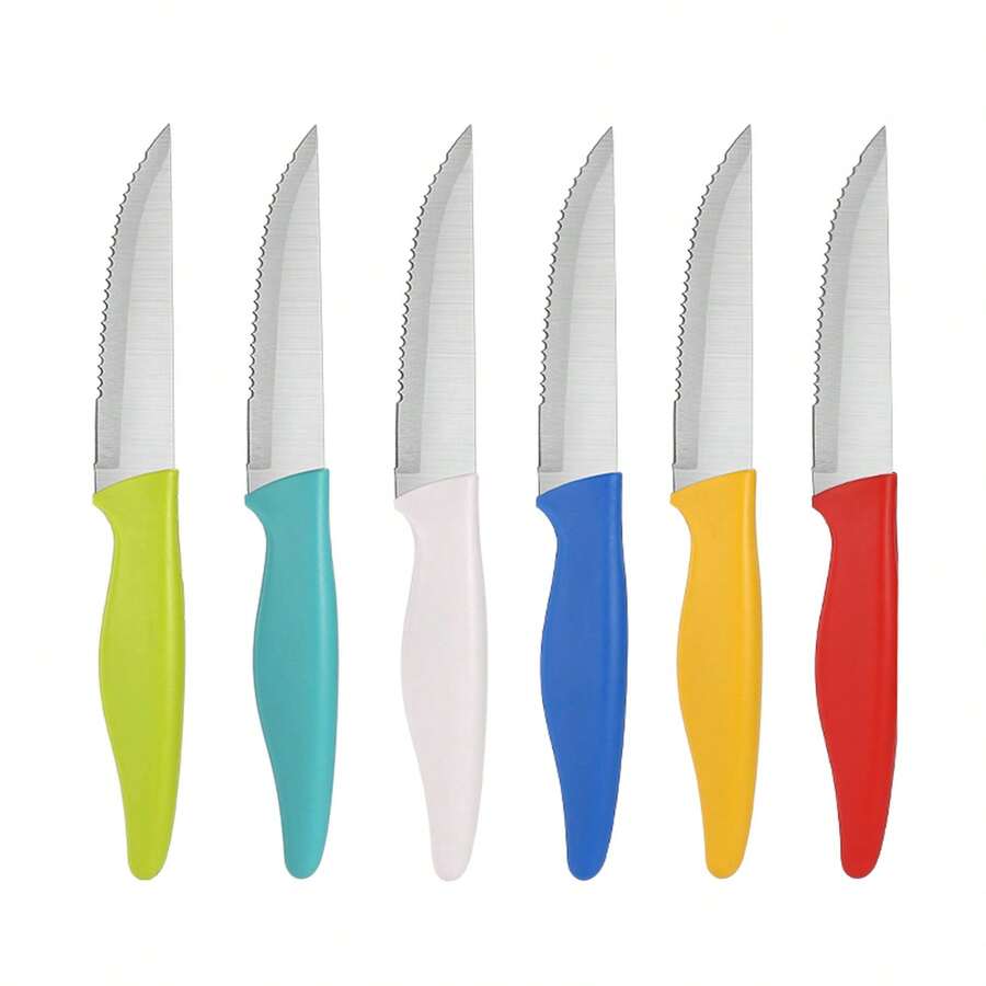 6 件/套多色牛排刀,不鏽鋼鋒利鋸齒西式刀,餐廳、飯店、露營餐具,附塑膠手,鋸齒麵包刀和切片刀