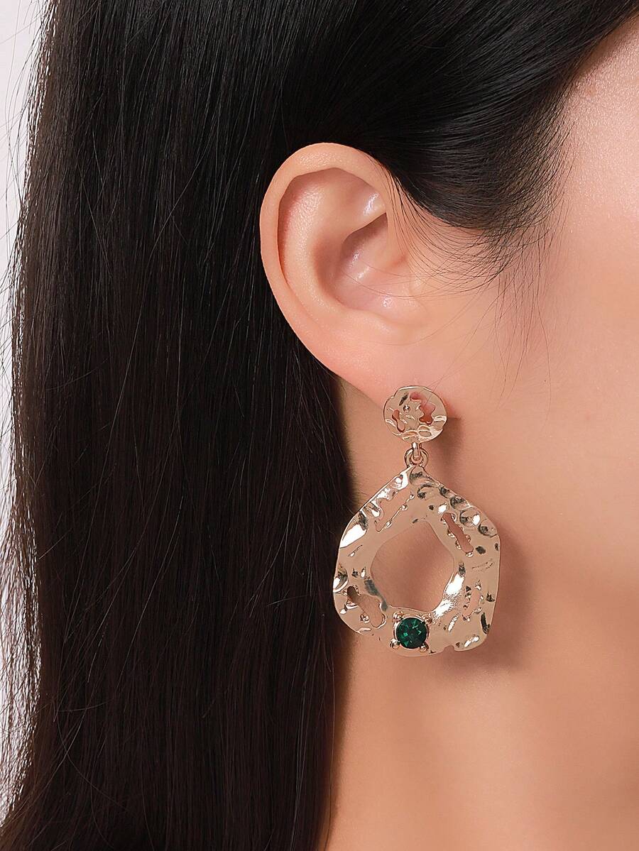 1pair European And American Cross-Border Trade Exaggerated Geometric Asymmetrical Rhinestone Pendant Ladies Metallic Earrings With Eight-Claw Hollow Out Design - Gold - View 1