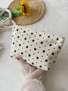 Sac de maquillage en velours côtelé beige à motif floral mignon, sac d'embrayage, sac de cosmétiques en tissu confortable, grande capacité, portable, sac de rangement de voyage avec fermeture éclair, sac de toilette indispensable pour le dortoir. Cadeau pour les filles, fournitures scolaires, accessoires de voyage, sac de maquillage, sac de maquillage, organisateur de maquillage, accessoires de vacances d'hiver, rangement de maquillage, retour aux fournitures scolaires