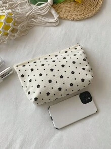 Sac de maquillage en velours côtelé beige à motif floral mignon, sac d'embrayage, sac de cosmétiques en tissu confortable, grande capacité, portable, sac de rangement de voyage avec fermeture éclair, sac de toilette indispensable pour le dortoir. Cadeau pour les filles, fournitures scolaires, accessoires de voyage, sac de maquillage, sac de maquillage, organisateur de maquillage, accessoires de vacances d'hiver, rangement de maquillage, retour aux fournitures scolaires