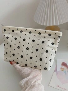 Sac de maquillage en velours côtelé beige à motif floral mignon, sac d'embrayage, sac de cosmétiques en tissu confortable, grande capacité, portable, sac de rangement de voyage avec fermeture éclair, sac de toilette indispensable pour le dortoir. Cadeau pour les filles, fournitures scolaires, accessoires de voyage, sac de maquillage, sac de maquillage, organisateur de maquillage, accessoires de vacances d'hiver, rangement de maquillage, retour aux fournitures scolaires