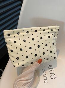 Sac de maquillage en velours côtelé beige à motif floral mignon, sac d'embrayage, sac de cosmétiques en tissu confortable, grande capacité, portable, sac de rangement de voyage avec fermeture éclair, sac de toilette indispensable pour le dortoir. Cadeau pour les filles, fournitures scolaires, accessoires de voyage, sac de maquillage, sac de maquillage, organisateur de maquillage, accessoires de vacances d'hiver, rangement de maquillage, retour aux fournitures scolaires