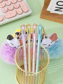 4pcs/set Lucky Cat Design Ballpoint Pen With Pom Pom - Multicolor - View 2