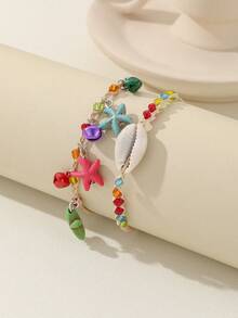 2pcs Handcrafted Bracelet Set With Starfish Shell Jingle Bell Pendant, Perfect For Beach Vacation - Multicolor - View 4