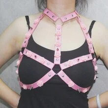 1pc Women's Punk Style Rose Pattern Rivet Decor Pu Leather Suspenders Belt For Clothing Accessory - Pink - View 1