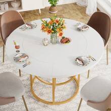 Tribesigns Modern Round Dining Table For 4, 47 Inch White Kitchen Table With Gold Base, Wood Dinner Table Coffee Table For Home Dining Room, Kitchen, Living Room, Apartment, Cafe, Decor Home Furniture - Trắng + Vàng - Xem 5