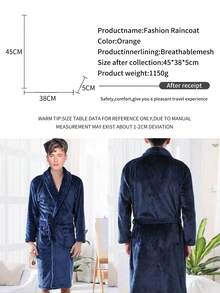 1pc Men's Long Robe Thickened Flannel Bathrobe For Home, Sleeping Wear - Navy Blue - View 4