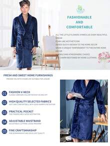 1pc Men's Long Robe Thickened Flannel Bathrobe For Home, Sleeping Wear - Navy Blue - View 3