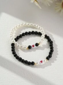 2pcs Red Heart Faux Pearl Couples Bracelets, White Black Beaded Stretchy Matching Bracelets For Boyfriend And Girlfriend Valentines,Mom,Mother,Mother's Day,Gift