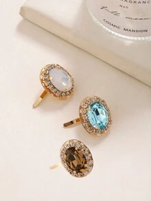 3 件裝女用橢圓形低馬尾辮配件髮鉤鑲嵌水晶玻璃寶石無縫髮夾適合日常佩戴