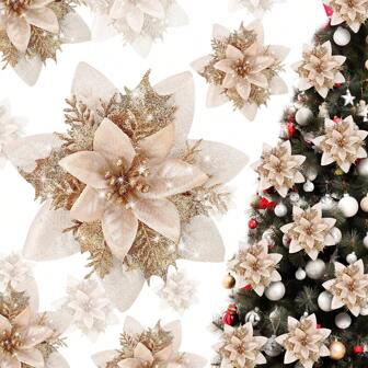 10 st. Glitter julstjärna konstgjorda julblommor dekorationer, Glitter julstjärna julgransprydnader, Lämpliga för jul, bröllop - Champagne guld, jul