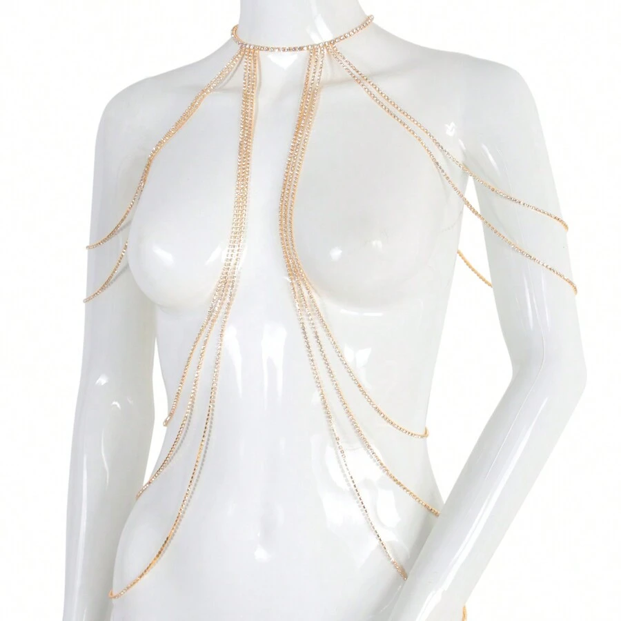 歐美大尺寸身鏈,閃亮鑽石和長流蘇設計,閃閃發光的服飾配件肩帶鏈