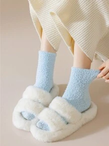 1雙秋冬女士袜子加厚保暖珊瑚絨地板袜毛茸茸柔軟糖果色彩可愛袜子