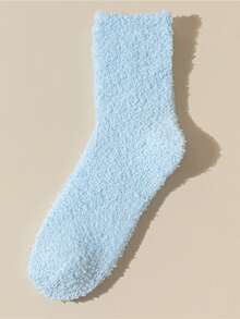 1雙秋冬女士袜子加厚保暖珊瑚絨地板袜毛茸茸柔軟糖果色彩可愛袜子
