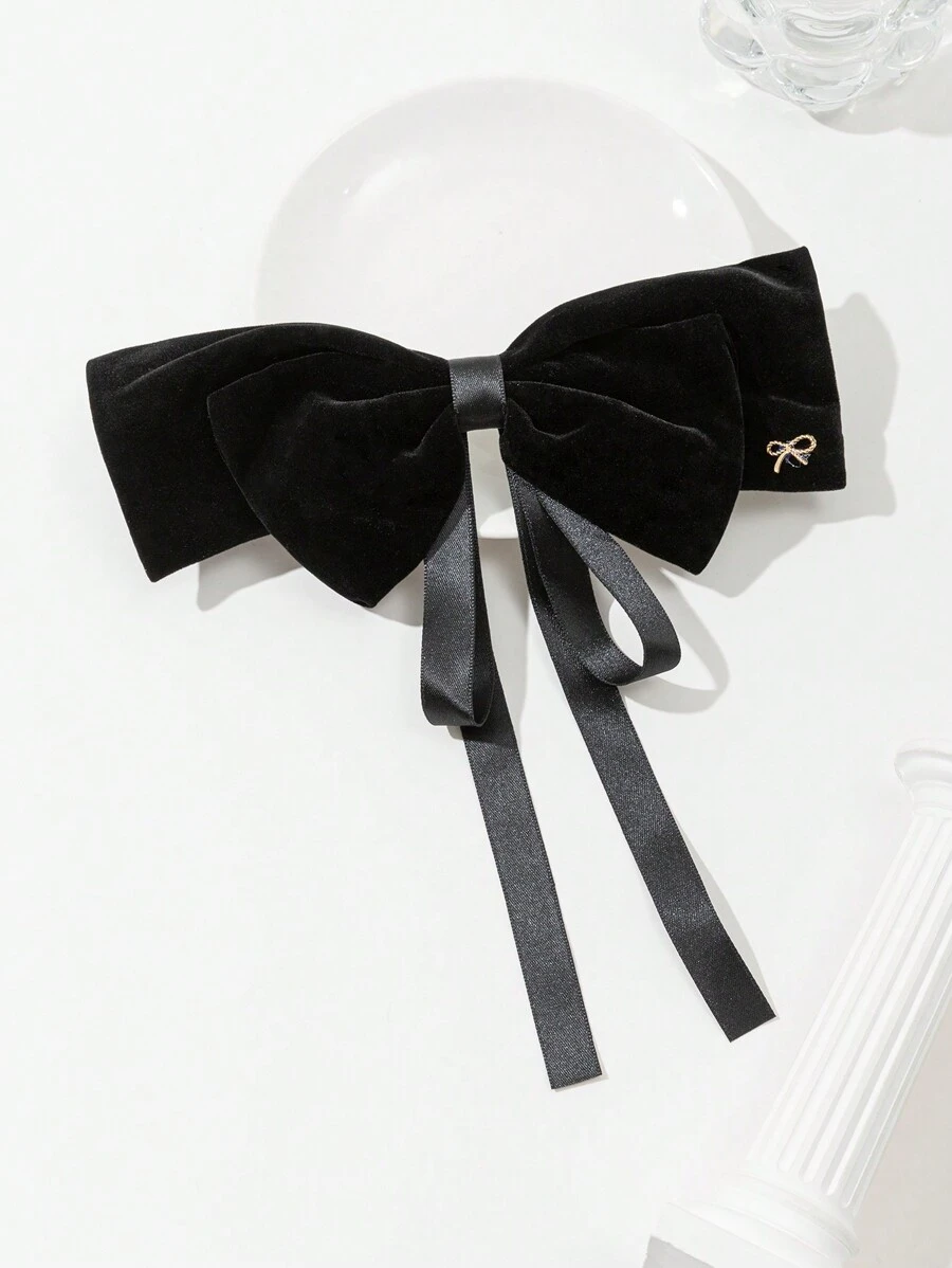 1pc Fashionable Velvet Bowknot Ribbon Hair Clip, Suitable For Daily Use - Black - View 1