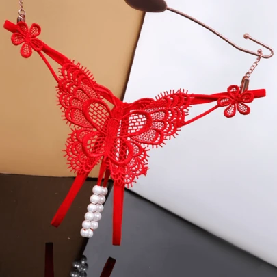 Ropa Interior Sexy Para Mujer, Pantalones En T Bordados De Encaje, Apertura Transparente, Masaje De Perlas Sexy, 1 Ud.