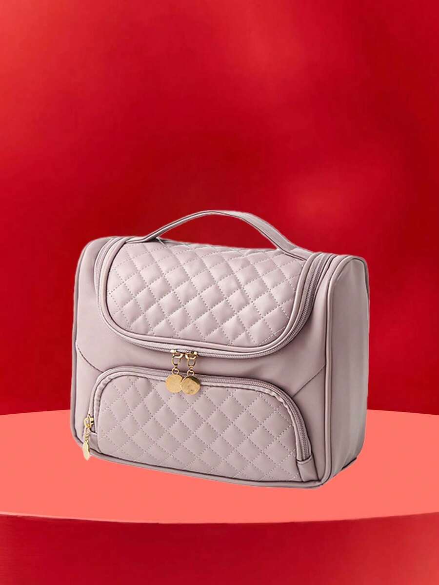 Large Capacity Pu Leather Rhombus Pattern Toiletry Bag With Dry And Wet ...