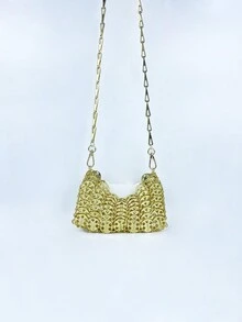 迷你金色金屬斜背包,鋁製鍊條肩帶