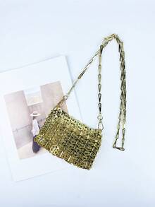 迷你金色金屬斜背包,鋁製鍊條肩帶