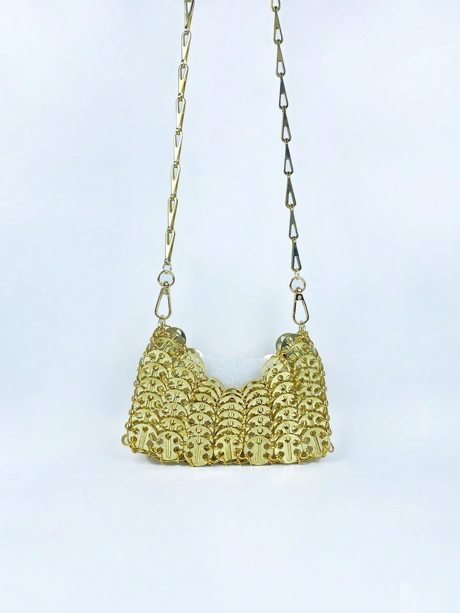 迷你金色金屬斜背包,鋁製鍊條肩帶