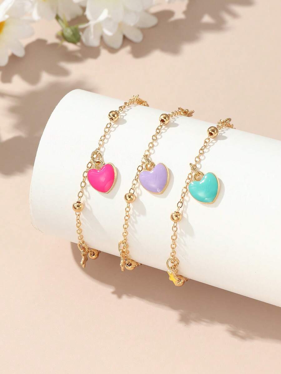 3pcs Girls' Heart & Pentagram Bracelet For Daily Wear - Multicolor - View 1