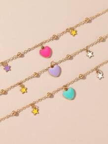 3pcs Girls' Heart & Pentagram Bracelet For Daily Wear - Multicolor - View 3