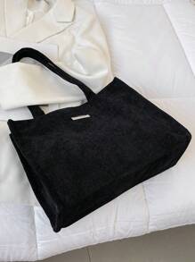 极简主义风格休闲女士灯芯绒单肩手提包手提包大容量灯芯绒手提包，轻便单肩购物袋，复古通勤女士手提包返校，教师礼物理想礼物，感谢礼物，感谢礼物，字母礼品袋，可重复使用，教师包，节日购物袋教育工作者，妈妈理想的新娘女仆礼物，学生手提包，多个隔层，非常适合海滩、学校、工作和日常使用 - 黑色 - 查看 5