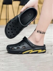 Men's Hollow Breathable Fashionable Multi-functional Outdoor Wearing Sandals, Fashionable Outdoor Color-blocking Line Holes Shoes, Simple Style Casual All-match Beach Shoes, Water-resistant Slip-on Slippers - Black - View 5