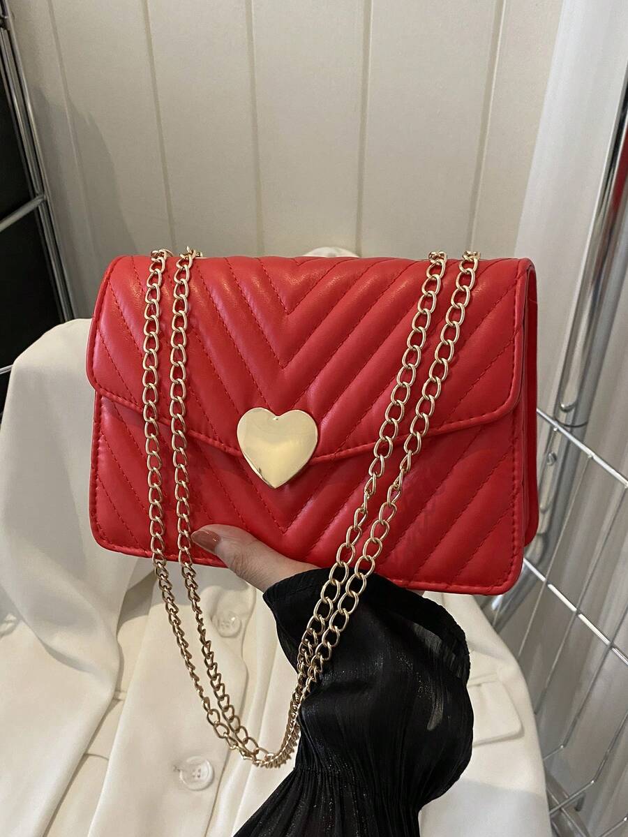 小型、獨特設計刺繡鑽石圖案鏈條單肩斜背包帶流蘇吊墜女式大容量單色手提包帶鏈條肩帶 - 紅色 - 查看 1