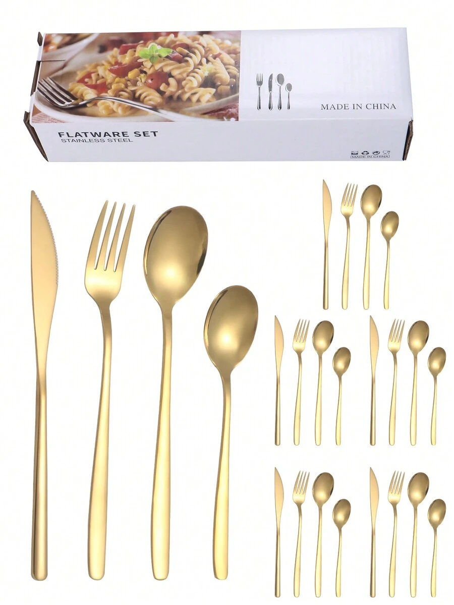 24pcs Stainless Steel Flatware Set With Square Handle For Western Food, Hotel, Household, Dinner Party, Including Knife, Fork, Spoon & Dessert Spoon, Packaging In Color Box - Gold - View 1
