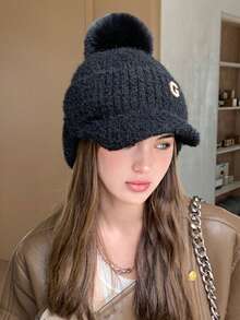 One Piece Women's Baseball Hat Women's Autumn And Winter Outdoor Warm And Cold-proof Knitted Woolen Hat Thickened Windproof Ear Protection Peaked Cap Black Suitable For Daily Use - Black - View 4