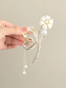 1个11.5厘米发爪，饰有仿珍珠、百合花和爱心形流苏，优雅情人节发夹，发卡，发夹，发饰抓夹，发夹，发饰夹子，发饰抓夹，秋冬季女士度假装扮夏季海滩发饰 - 金色 - 查看 3