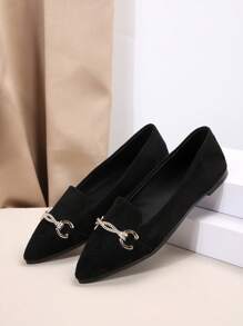 Ladies' New Spring & Autumn Fashionable Versatile Flat Shoes With Metallic Chain & Rhinestone Decoration - Black - View 2