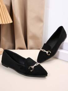 Ladies' New Spring & Autumn Fashionable Versatile Flat Shoes With Metallic Chain & Rhinestone Decoration - Black - View 4