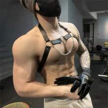 1 Piece Men's Black One-Size-Fits-All Leather Sports Restraint Fashion Suspender With Chain Decoration Suitable For Gym And Daily Use Harness Halloween For Going Out Outfit Wedding Party And For Gift Halloween Accessories, Halloween Costumes