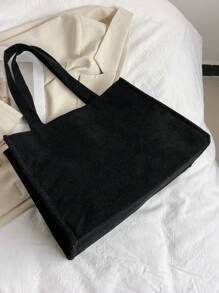 极简主义风格休闲女士灯芯绒单肩手提包手提包大容量灯芯绒手提包，轻便单肩购物袋，复古通勤女士手提包返校，教师礼物理想礼物，感谢礼物，感谢礼物，字母礼品袋，可重复使用，教师包，节日购物袋教育工作者，妈妈理想的新娘女仆礼物，学生手提包，多个隔层，非常适合海滩、学校、工作和日常使用 - 黑色 - 查看 6