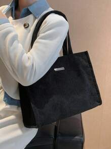 极简主义风格休闲女士灯芯绒单肩手提包手提包大容量灯芯绒手提包，轻便单肩购物袋，复古通勤女士手提包返校，教师礼物理想礼物，感谢礼物，感谢礼物，字母礼品袋，可重复使用，教师包，节日购物袋教育工作者，妈妈理想的新娘女仆礼物，学生手提包，多个隔层，非常适合海滩、学校、工作和日常使用 - 黑色 - 查看 3