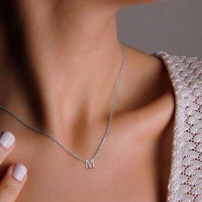 1 件不銹鋼銀色首字母吊墜項鍊女式