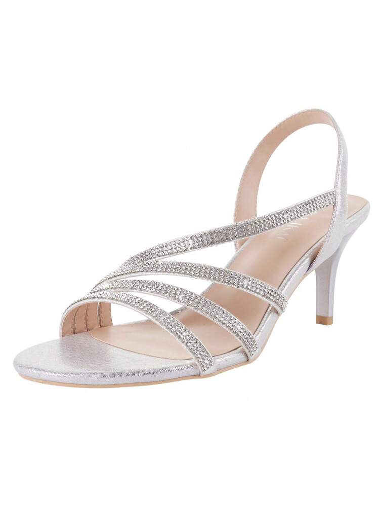 Women's Low Kitten Sandals Silver Strappy Heels Rhinestones Slingback Dance Evening  Wedding Shoes | SHEIN USA